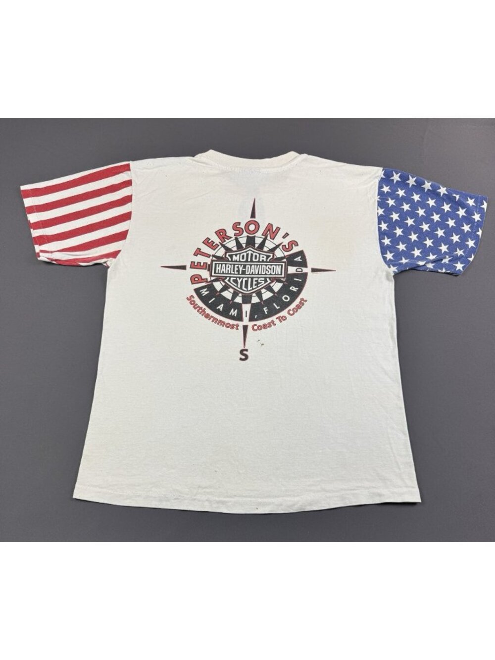 Rare Vintage 90s Harley Davidson Peterson Miami Florida USA Flag Sleeve Thrashed